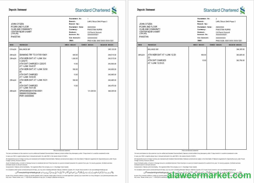 INDIA STANDARD CHARTERED bank statement template, Word and PDF format